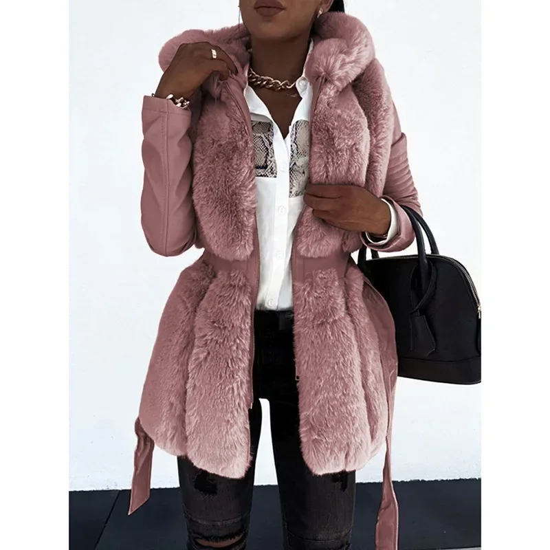 Fur Jacket for Women with Belt and Hood Solid Zip Coat Women\'s Clothing Thick Warm Winter PU Leather Fur Coats and Jackets 5XL