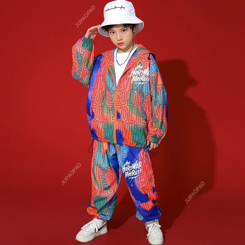 Costume de brevJazz pour Garçon et Fille, Vêtements Hip Hop, Fermeture Éclair, Lettres Imprimées, Sweat à Capuche, Veste, Haut, Streetwear, Pantalon de Jogging