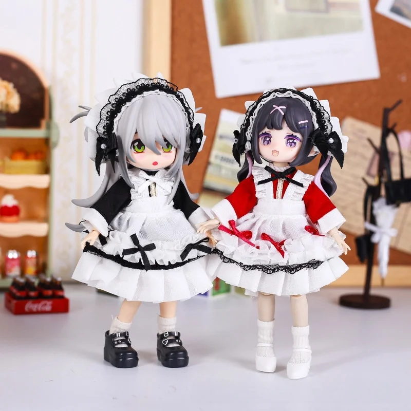 Obitsu 11 Clothes Gothic Lace Maid Tiered Apron Lolita Sweet Dress with Frill Bonnet Hairband Bow Decor Cafe Cosplay Doll Outfit