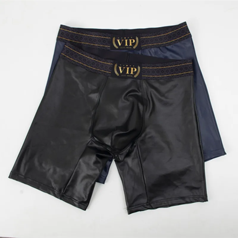 Men's Boxer Shorts Faux Leather Underwear Man Panties Middle Waist U Convex Pouch Underpants Male Innerwear Cueca Calzoncillos
