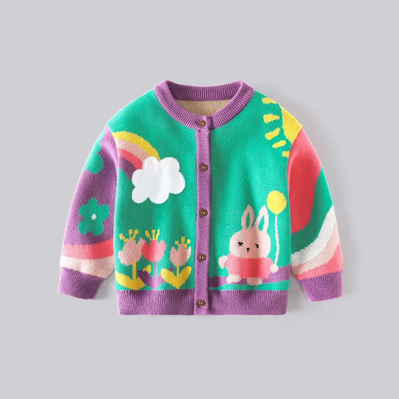 

Autumn Winter Baby Girl Cardigan Cotton Rabbit Cloud Printed Toddler Girl Sweater Coat Sweet Contrast Warm Infant Girl Outerwear