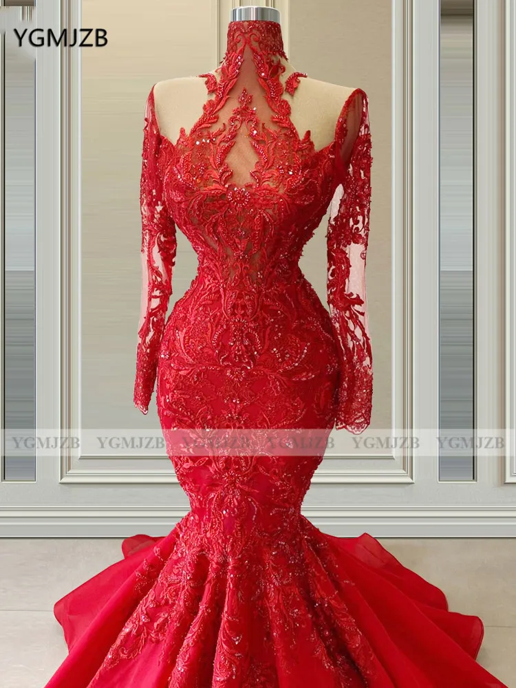 Red Long Sleeves Evening Dresses Luxury 2025 Mermaid High Neck Beads Lace Formal Prom Party Gowns Special Occasions Customized