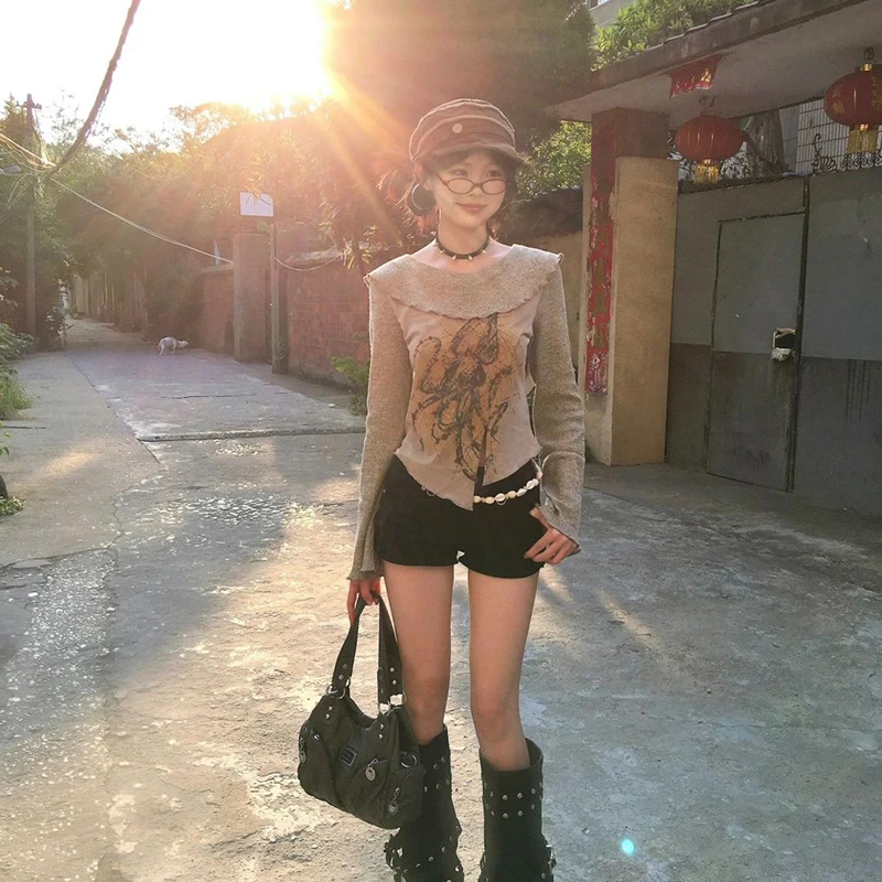 Y2K Irregular T Shirts Women Vintage 90S Print Long Sleeve Crop Tops Japanese Harajuku Aesthetic Slim All Match Split Tees New image 5