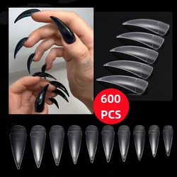 600Pcs Extra Long Hawk Curved Nail Tips Half Cover Eagle Claw Curve False Nails Extension 10 Sizes Bag Packaging for Art Salon *