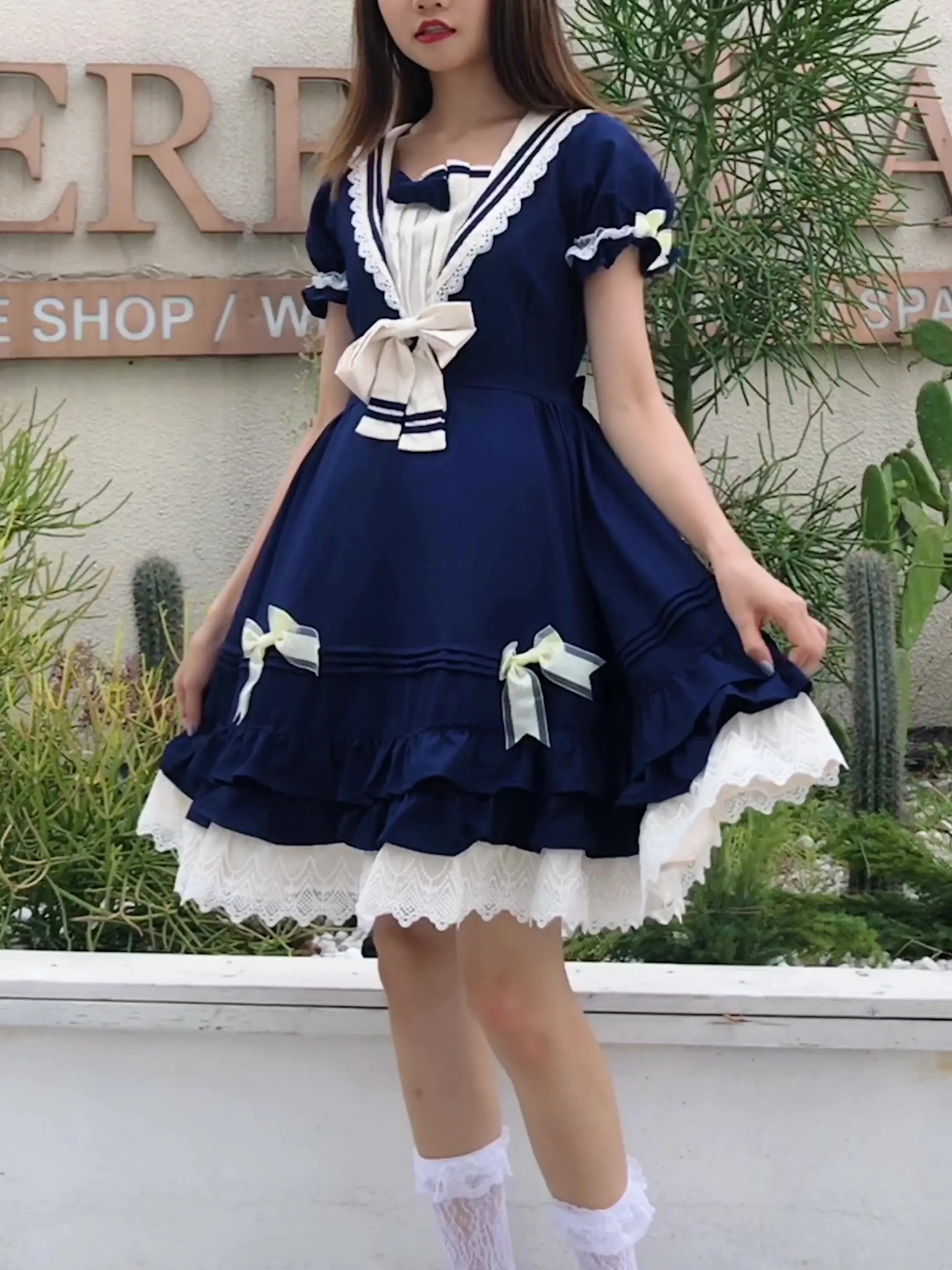 Lolita Lively and Cute lace Bow Dress Summer College Style Princess Dress Sailor Daily Short Skirt