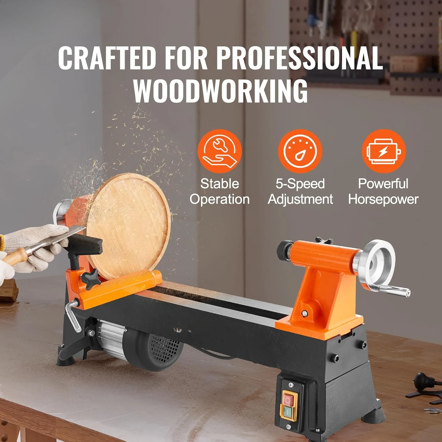 Benchtop Wood Lathe, 10 in x 18 in, 0.5 HP 370W Power Wood Turning Lathe Machine, 5 Variable Speeds 780/1320/1920/2640/384