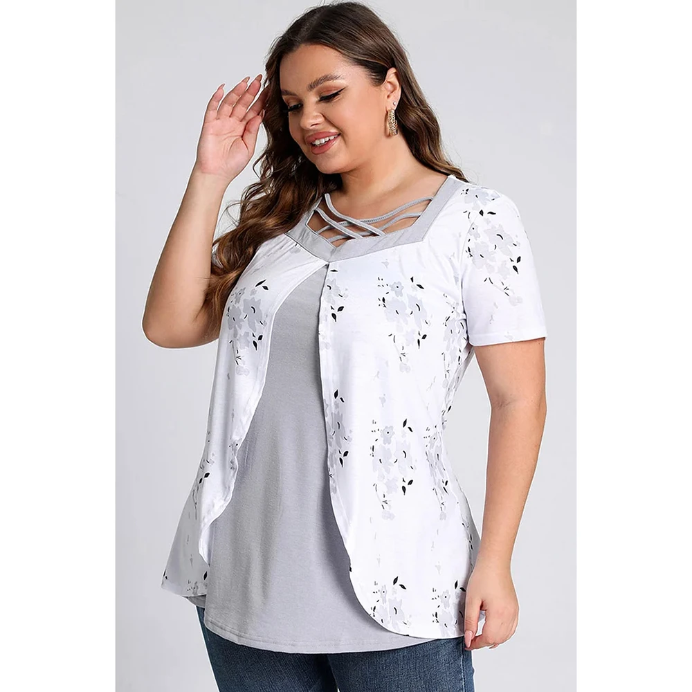 Plus Size Cross Strap Short Sleeve Floral Print Blouses White Tops