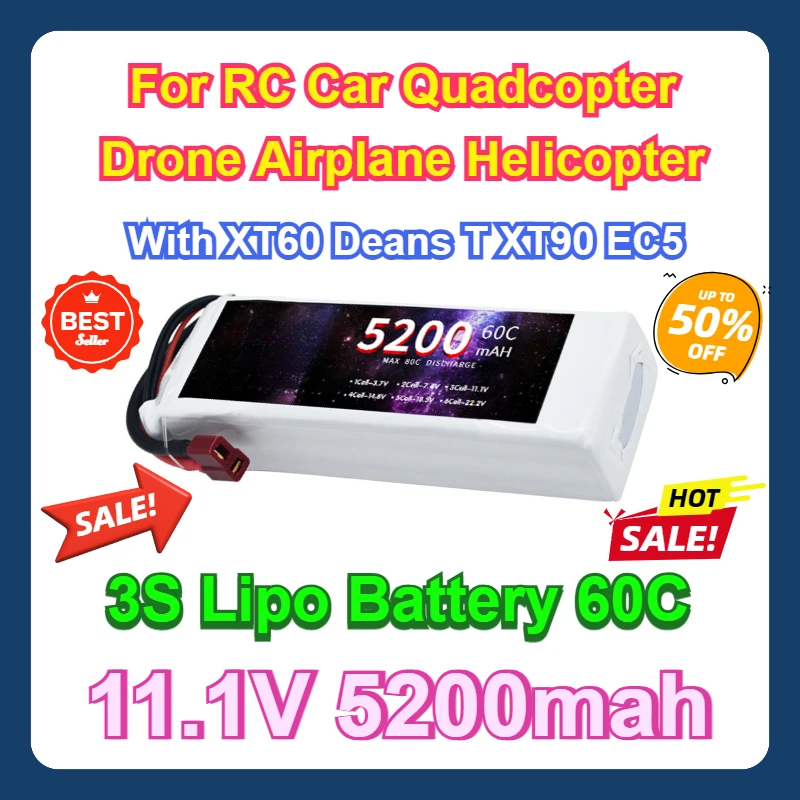 

3PCS For RC Car Quadcopter Drone Airplane Helicopter with XT60 Deans T XT90 EC5 11.1V Battery 3S Lipo Battery 11.1V 5200mah 60C