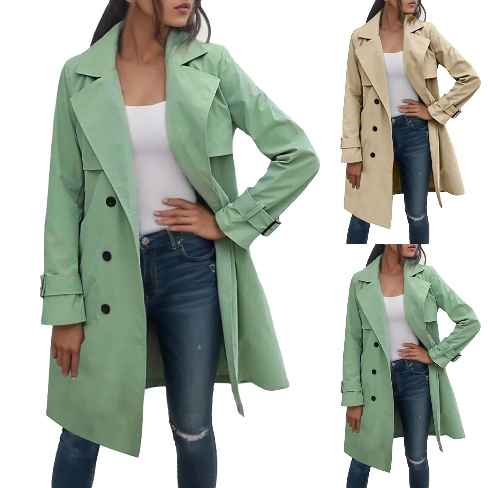 

Women's Solid Color Thin Double Breasted Belted Windscreen Coat Loose Casual Windbreaker Coat Cute Windbreaker Womens