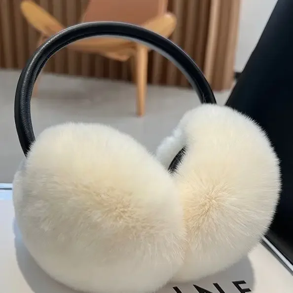 100% Natural Fur Ear Muffs for Women Winter Fur Headphones Soft Warm Cable Furry Real Rex Rabbit Ear Covers for Cold Weather