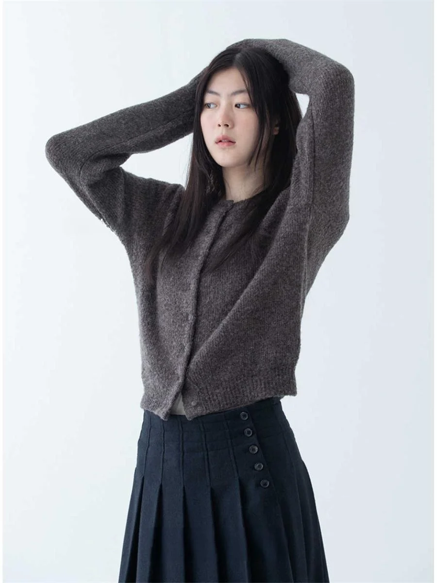 Korean Sle round Ne Long Sve Knitted Sweater Cardigan Simple Casual Single Button Pure Color Versatile Winter Clothing