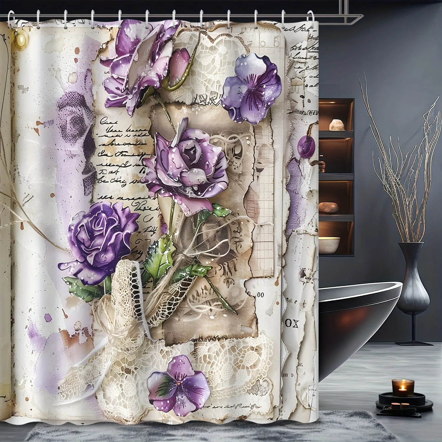 

Винтажные конверты с фиолетовыми цветами, занавеска для душа, моющаяся грязеотталкивающая насадка для душа, водонепроницаемая занавеска для ванны из полиэстера
