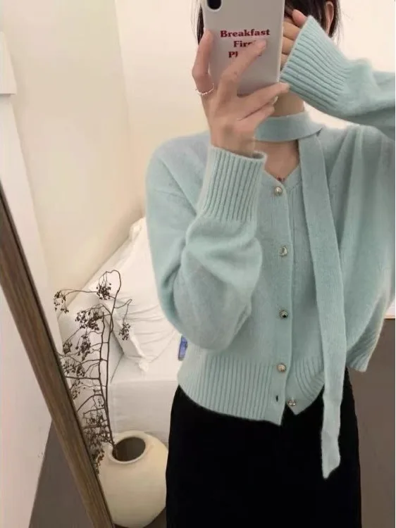 

Женский вязаный кардиган с открытым передом и воротником из меха медведя — шикарный свитер с длинными рукавами и v-образным вырезом на осень/зиму (корейский стиль)