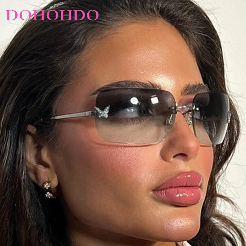 

Retro Butterfly Rimless Fashion Sunglasses For Women Men Brand Y2K Vintage Rimless Oversized Sun Glasses Lady Eyewear For Party