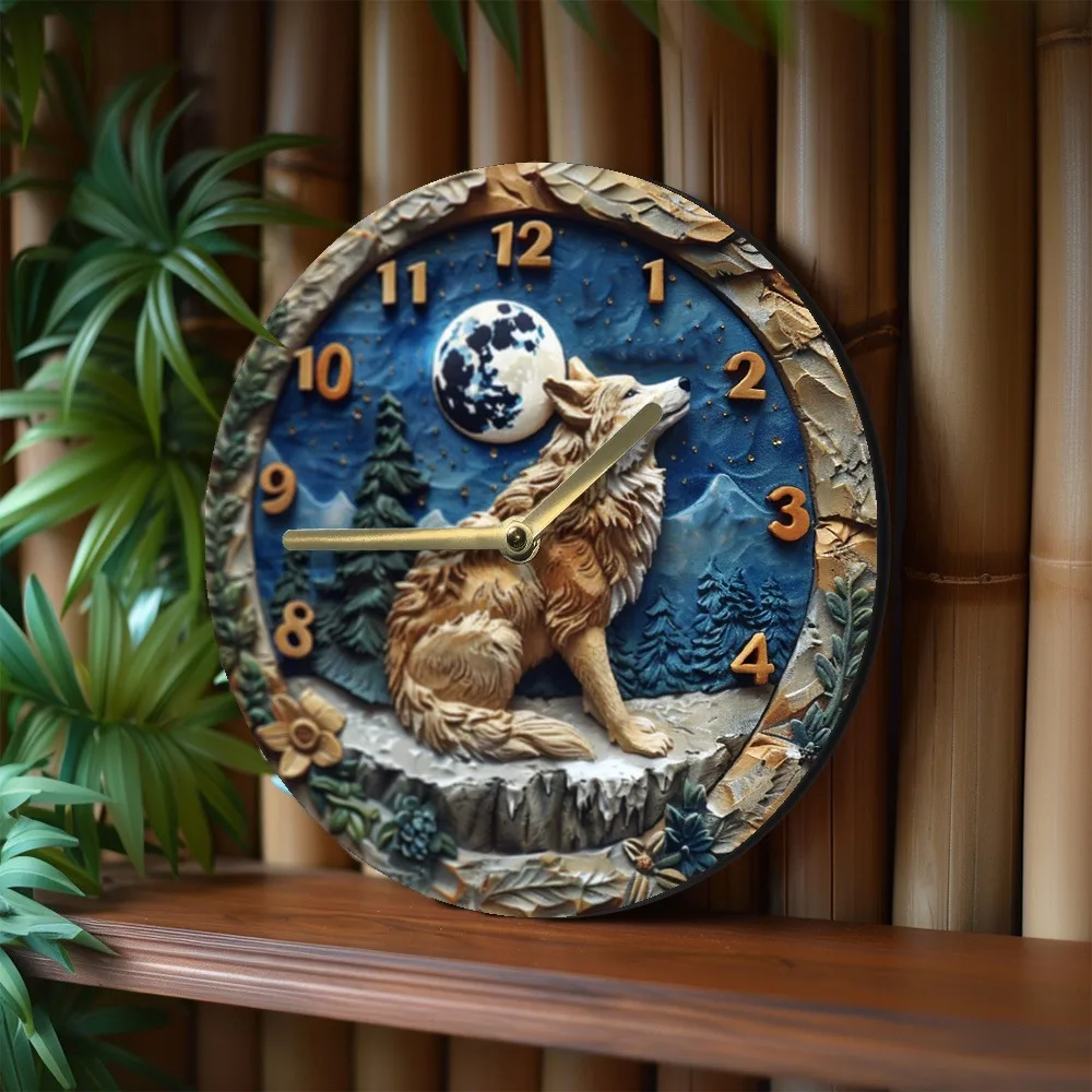 Wooden wall clock with wolf - moon pattern, silent for peaceful sleep. Ideal for bedroom. Requires AA batteries