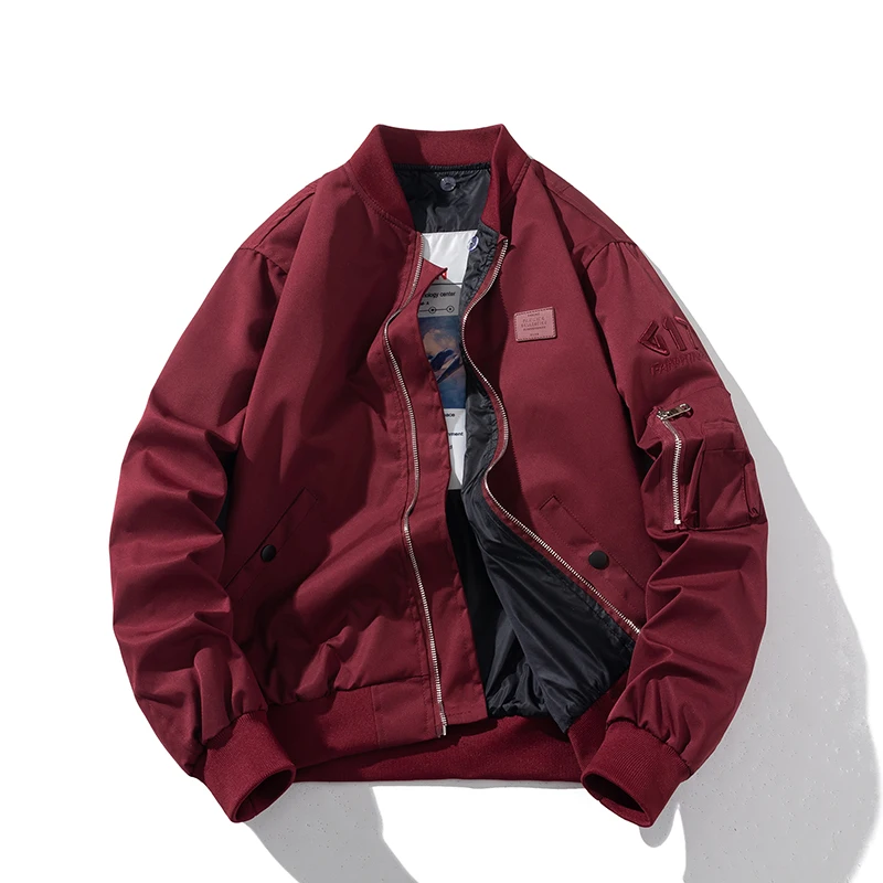 

Men Bomber Jacket Vintage Pilot Jacket Solid Spring Autumn Flight Coat Fashion American Hip Hop Streetwear Windbreak Burgundy