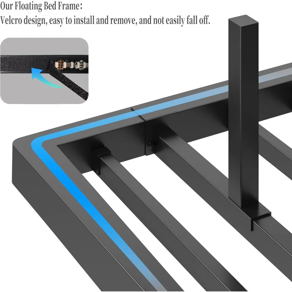 إطار سرير عائم كامل مع لوح رأسي، وإطارات سرير عائمة LED مع قاعدة شحن ومسند ظهر منجد، ورف تخزين