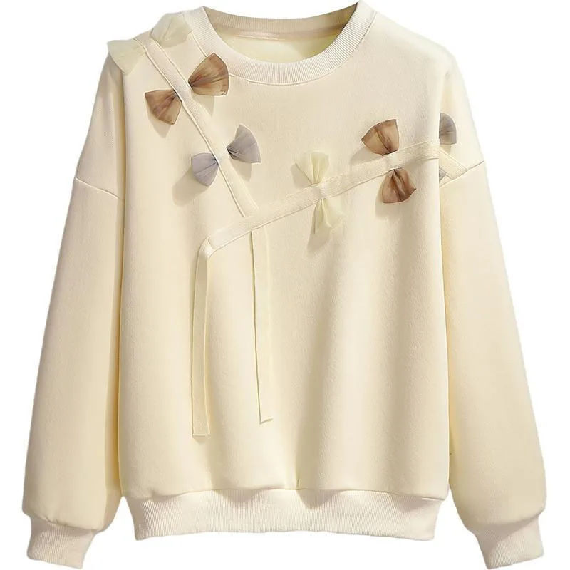 New Autumn/Winter Fashion Trend Lazy Style Round Neck Bow with Plush Loose Size Versatile Commuter Fat Mm Long Sleeve Sweater