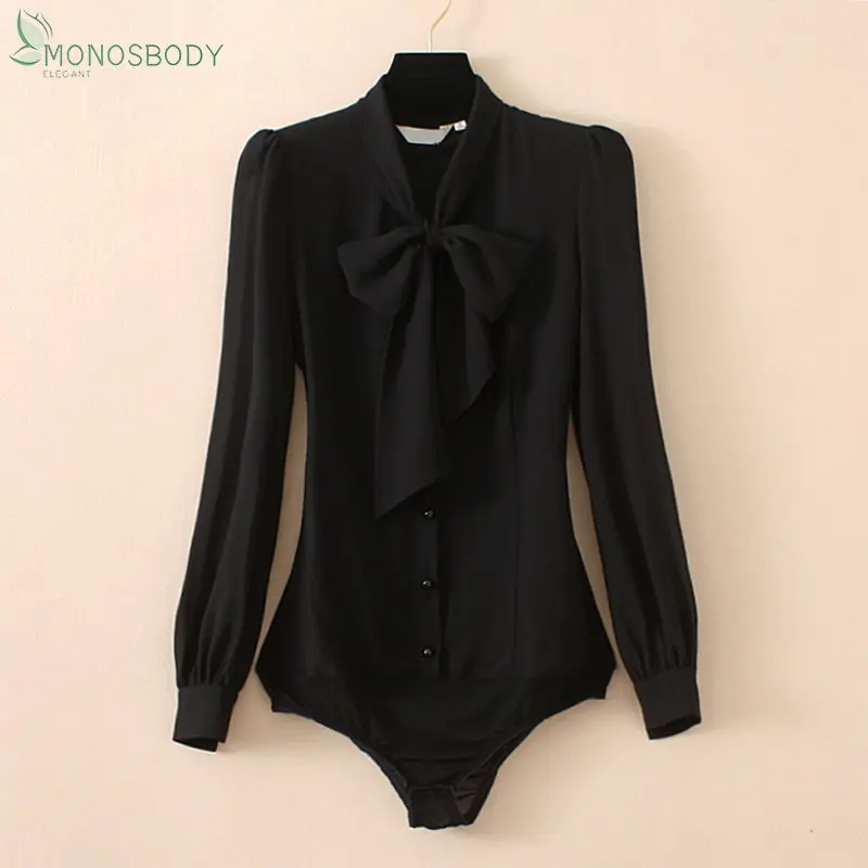 Elegant Bodysuits Women Bow Tie Pattern Long Sleeved Rompers Office Lady Blouses and Tops Overalls Business Work Chiffon Shirts