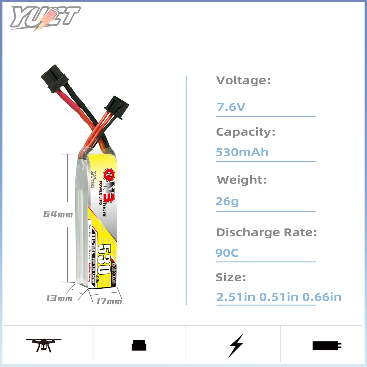 YUCT GNB 2S LiPo Batterie LiHV 7,6 V 530 mAh XT30 90C/Max180C 7,4 V Lithium-Batterie Für FPV Drone Quadcopter Batterie