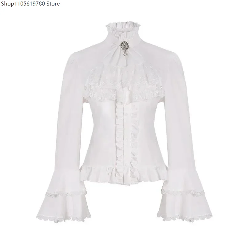 Lolita Lace Shirt Ruffle High Collar Button Up Shirt Long Sleeves Women Gothic Blouse Tops Jabot Tie Halloween Victorian Costume - view 3