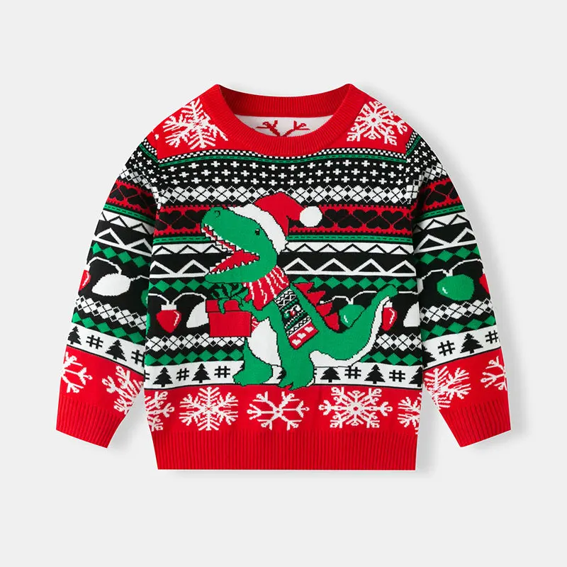 Kids Knitwear Cartoon Christmas Dinosaur Sweater Round Neck Boys Girls Cute Xmas Pullovers Warm Top Cltohes Autumn Winter