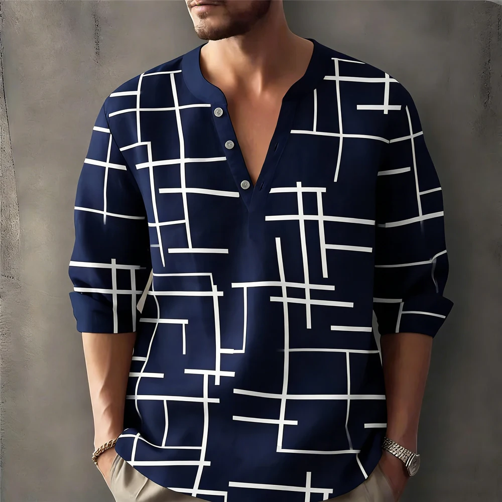 2026 Men's New Linen Long Sleeve V-Neck Shirt HD Geometric Line 3D Printed Shirt Hawaiian Vacation Outdoor Men's Clothing