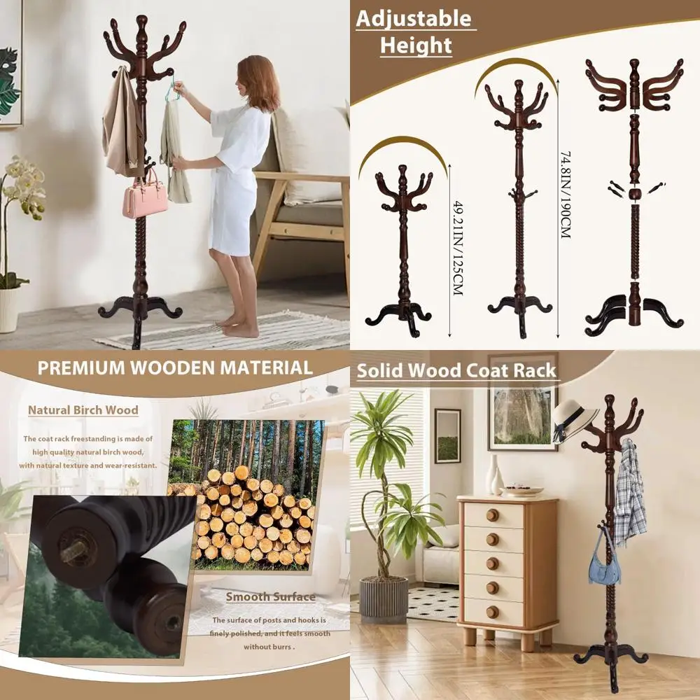 

Eleven-Hook Freestanding Wooden Coat Rack with Natural Birch Wood and Sturdy Triangle Base
