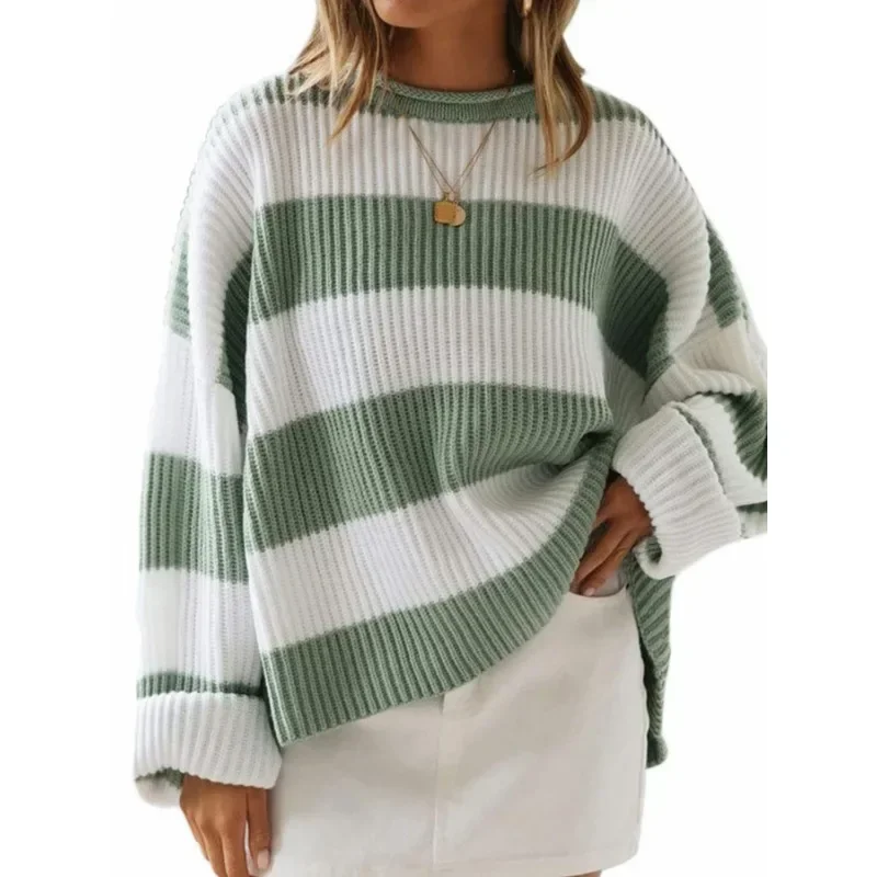 Sweter damski plus size 1XL-5XL, modny, jesienno-zimowy, z okrągłym dekoltem, w paski, casualowy, patchworkowy.