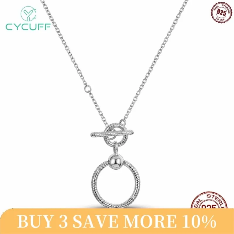 CYCUFF Real 925 Sterling Silver Necklace O-shaped Pendant T-clasp Necklace For Women Wedding Party Birthday Gift Silver Jewelry