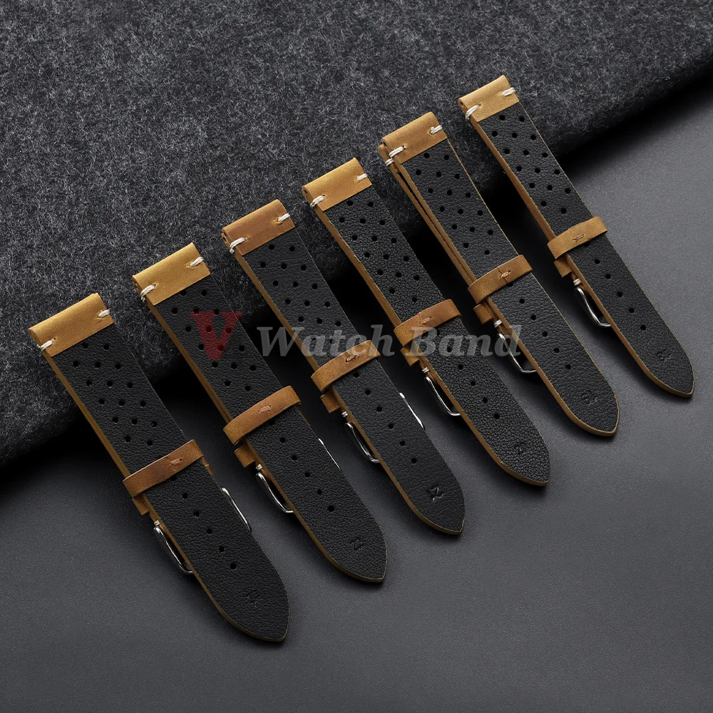 18mm 19mm 20mm 21mm 22mm 24mm Handgefertigte Uhrenarmbänder Dunkelbraun Atmungsaktive Poröse Uhrenarmbänder Vintage Racing Leder-Uhrenarmbänder – Detail 15