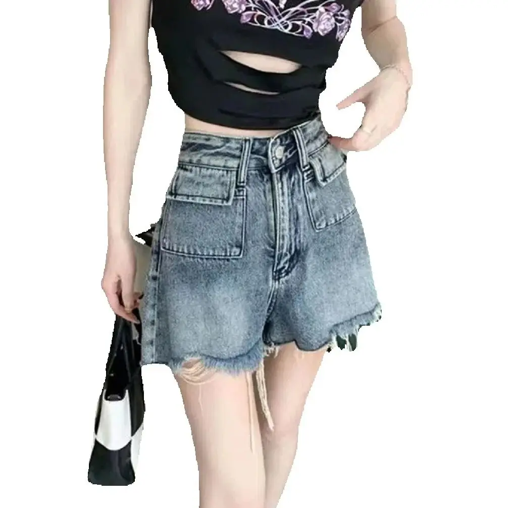 High Street Hot Girls Straight-Legged Denim Shorts Women'S Summer New High Waist All-Match Slimming Wide Legs A-Line Pants