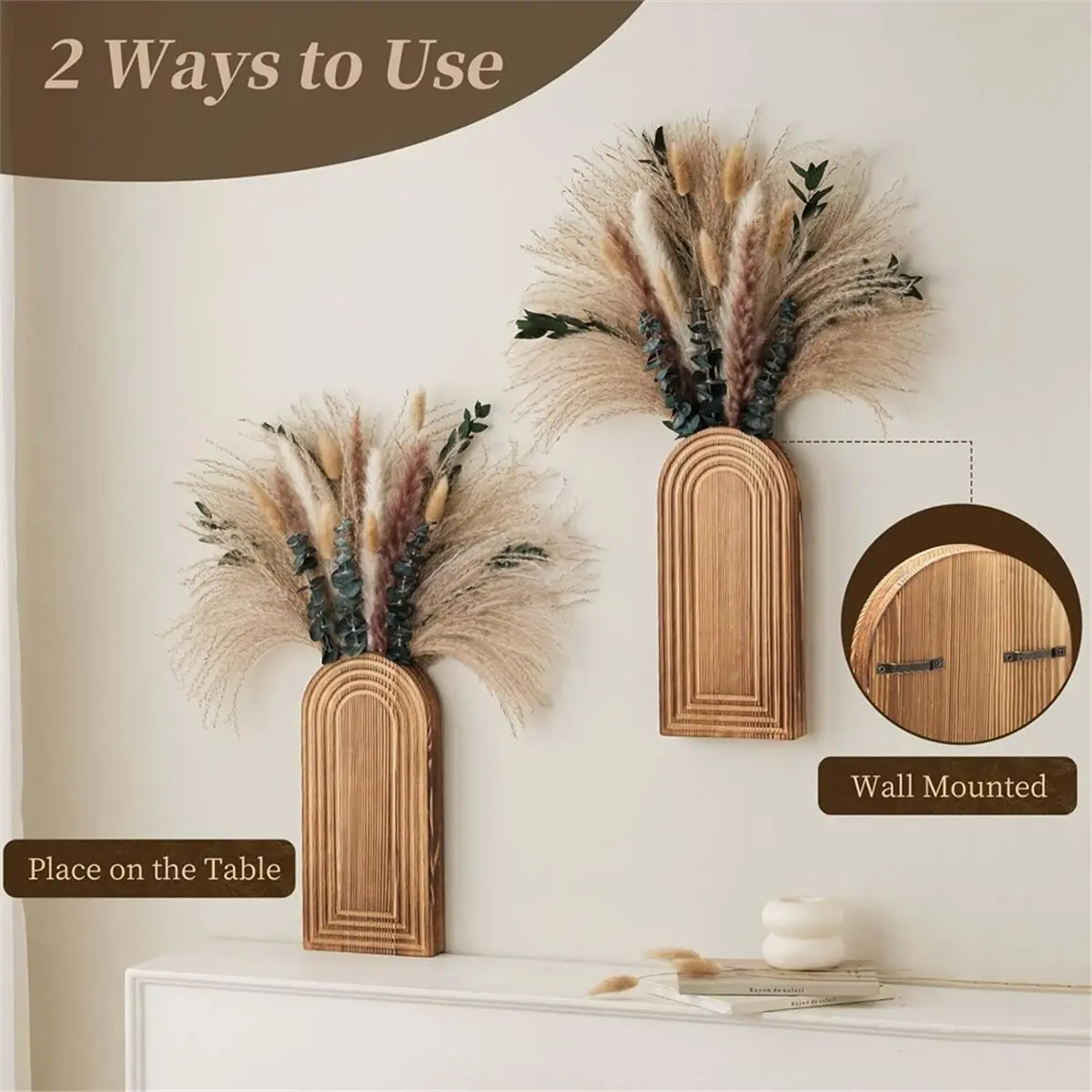 2 Pack Wooden Wall Vase Set with Pampas Grass Eucalyptus, Modern Farmhouse Boho Wall Decor for Living Room