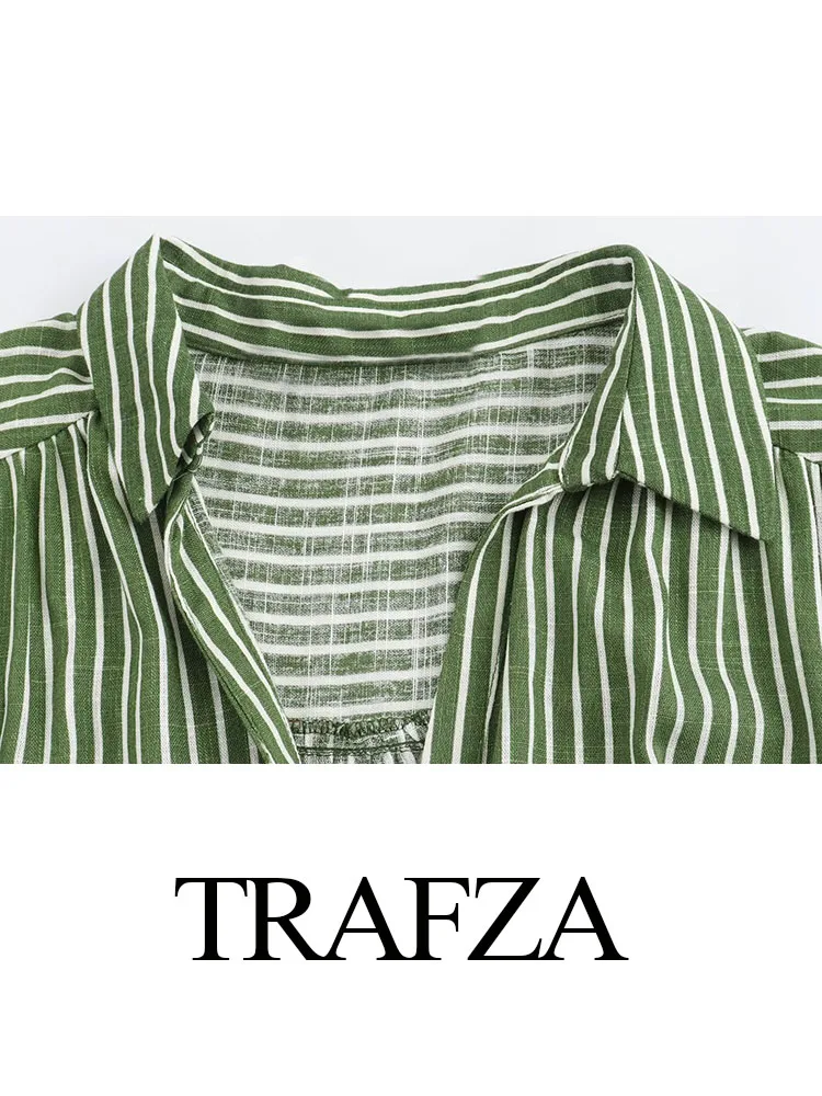 TRAFZA 2024 Woman Striped Set Short Sleeves Casual Shirt Top + High Waist Drawstring Pockets Women\'s Wide Leg Long Pant TRAF