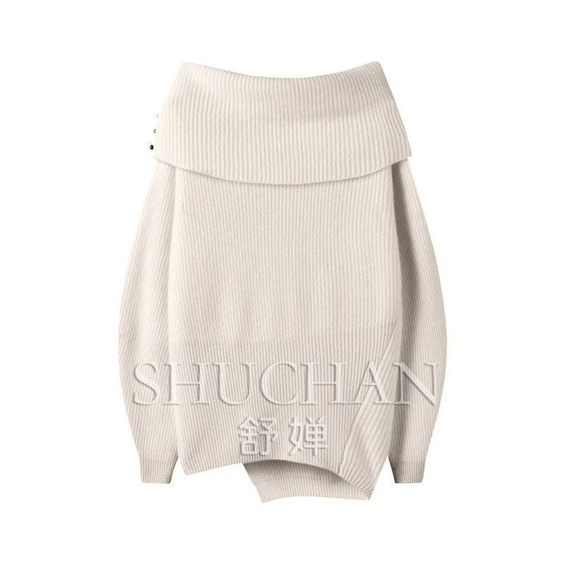 off shoulder Pure cashmere asymmetric cashmere knitted sweater Slash neck LOOSE pull femme pullover winter clothes women