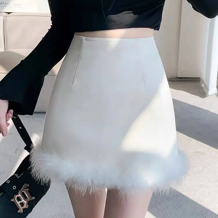 High Waist Buttocks Leather Short Skirt Fur Patchwork White Jupe Sexy Faldas Mujer Black Slim Fit Autumn New