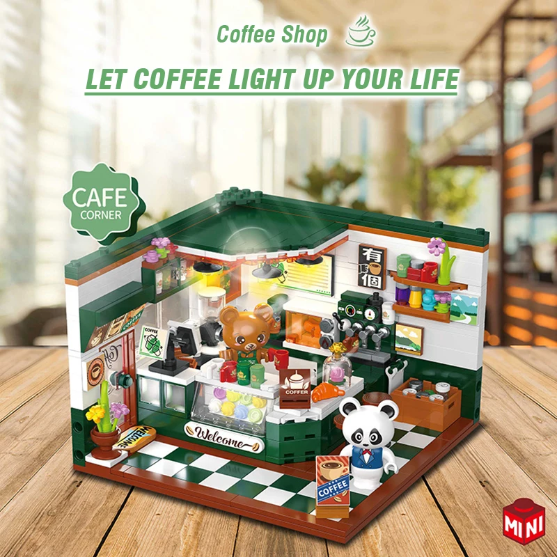 

Street View Building Blocks Kids Toy Particle Bricks Coffee Shop Record Shop Bar Plastic Model Home Decoration Assembly Toy