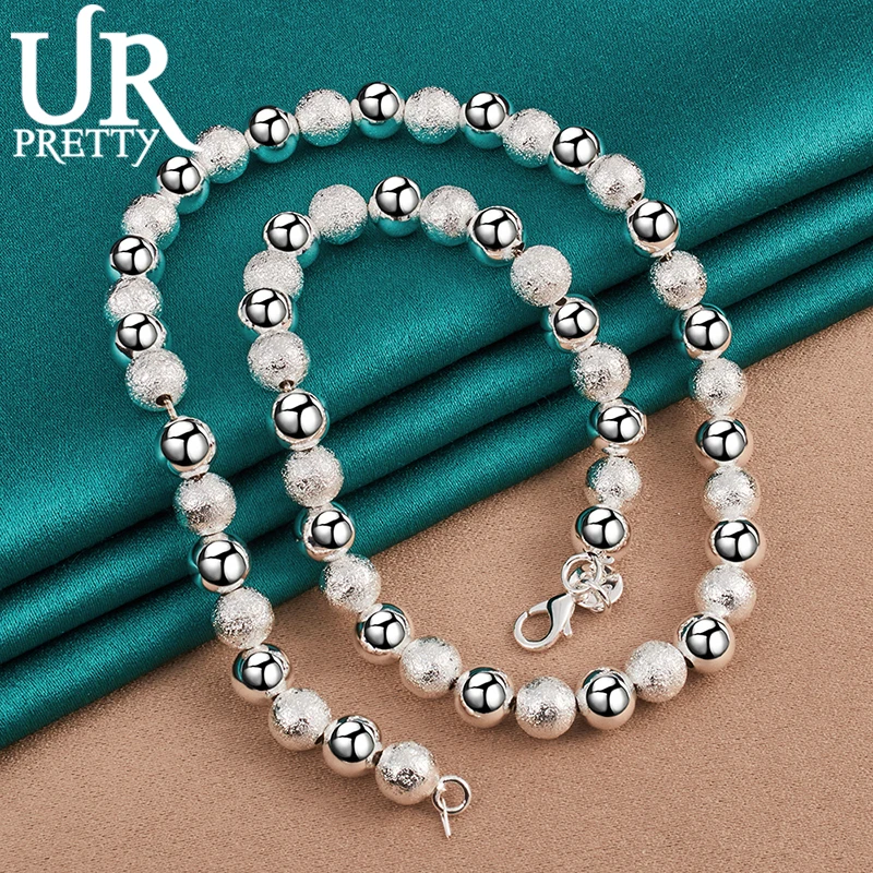 UPRETTY New 925 Sterling Silver 8mm Smooth Frosted Beads Necklace 18 Inch For Woman Party Wedding Engagement Charm Jewelry Gift