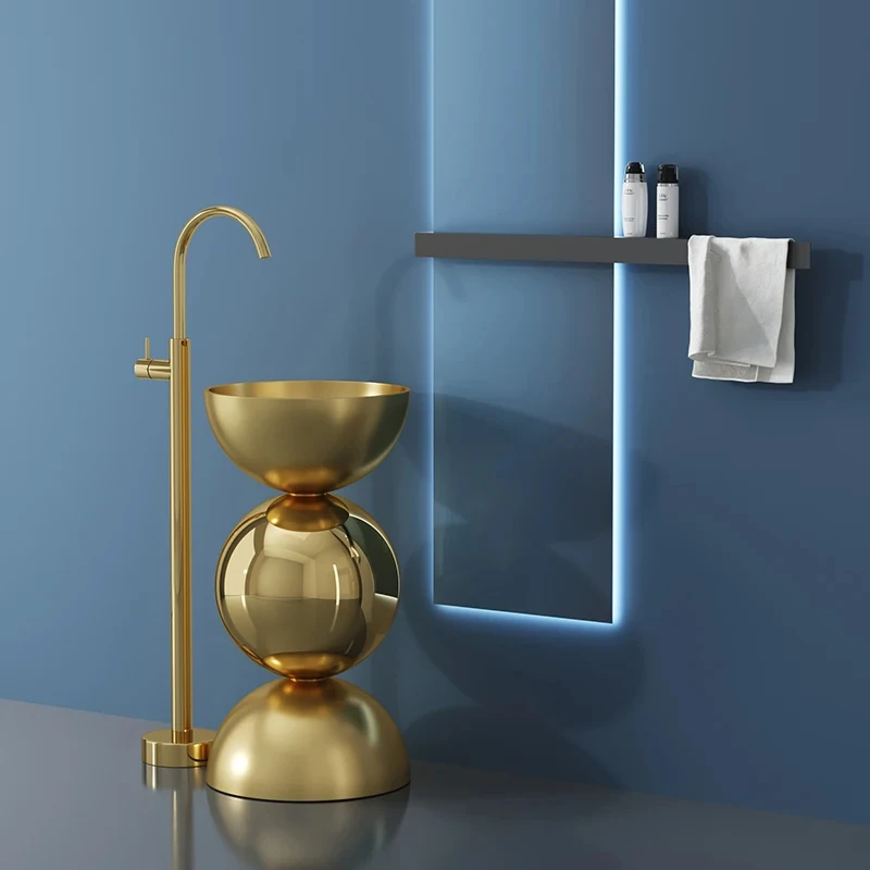 Personalized stainless steel column style wash basin floor mounted integrated wash basin brushed gold YX731TB