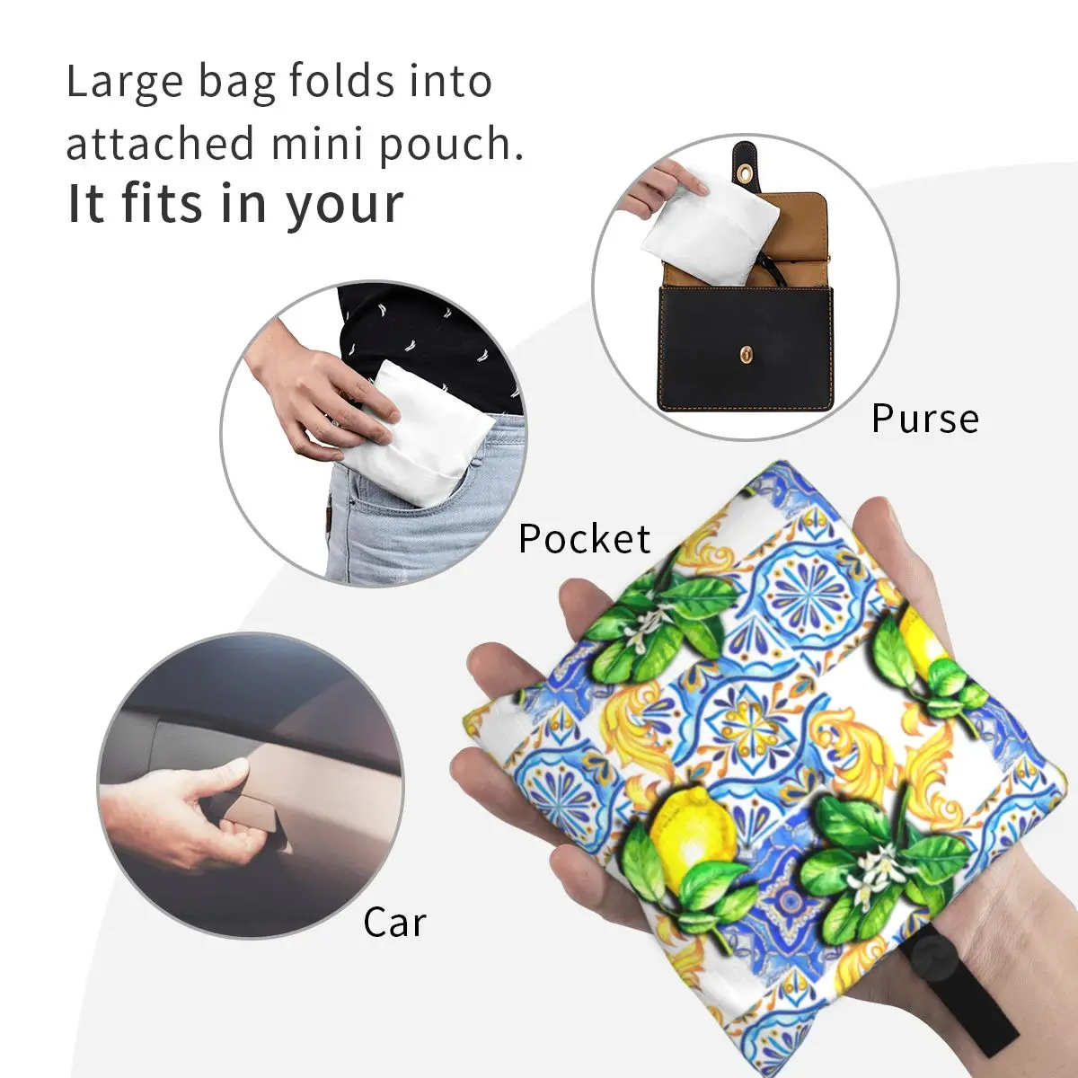 Reusable Mediterranean Tiles Summer Fruit Lemons Shopping Bag Women Tote Bag Portable Grocery Shopper Bags