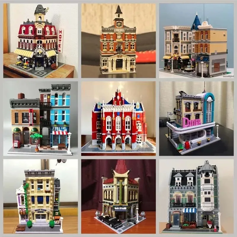 �y�Z�[�����zCreative Expert Brick Bank Cafe Corner MOC Building Blocks City Model Bricks Downtown Dinner Bookstore Street View Toy For Kids