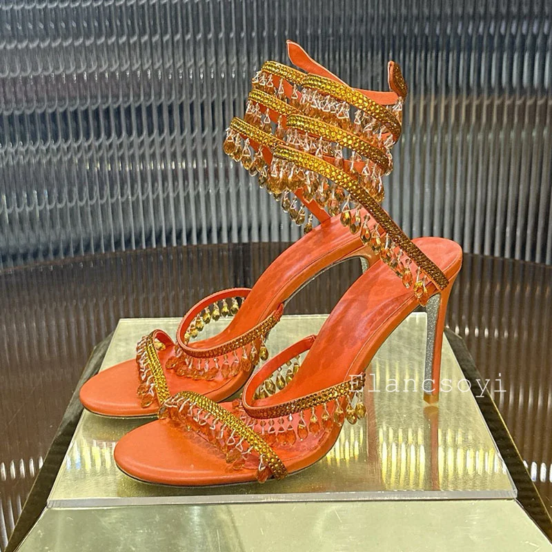 Fashion High Heels Sandals Women Shiny Crystal Pendant Ankle Snake Twine Around Prom Shoes Summer Stiletto Bohemian Sandalias