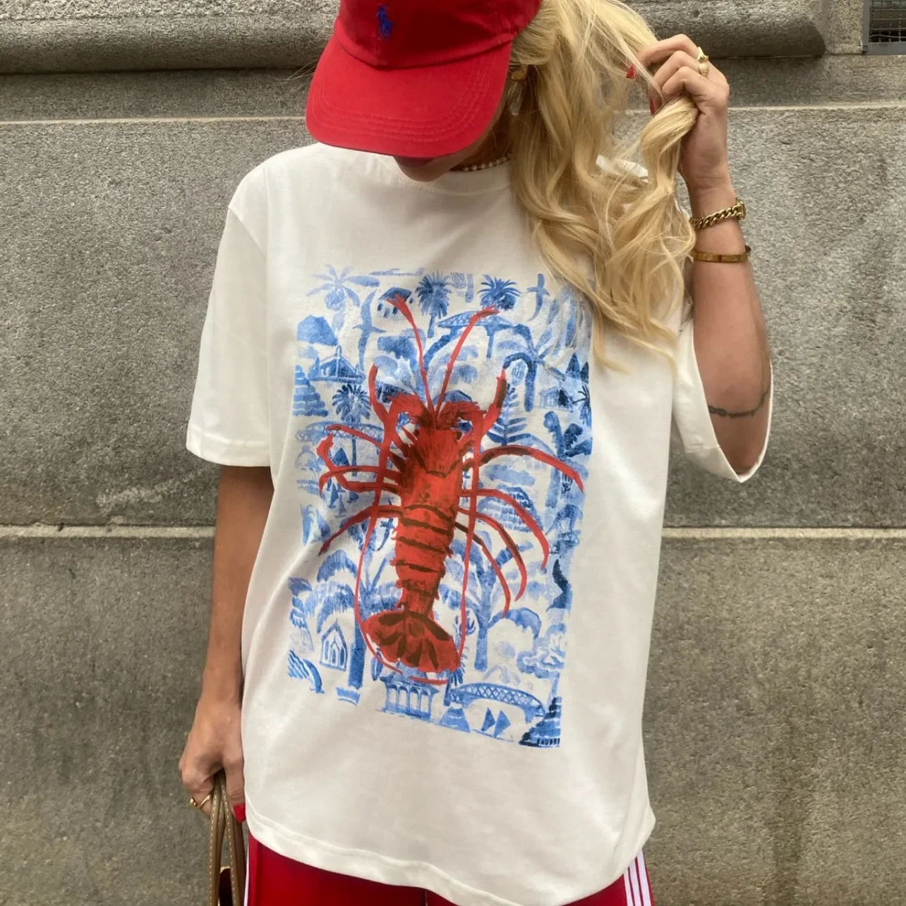 Women's Summer American Ins Basic T-shirt Casual Lobster Printing Street Clothing Y2k Aesthetic Personality Half-sleeved Top