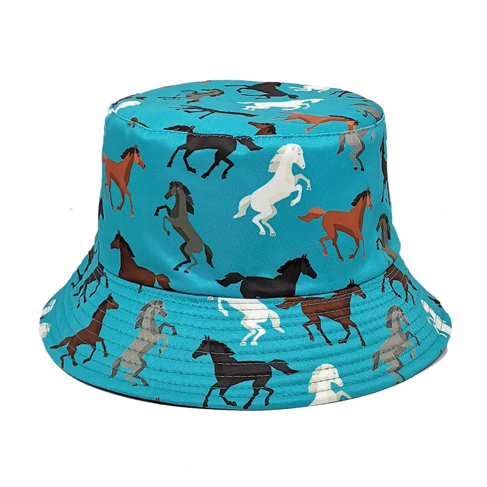 Women's Fashion Cartoon Horse Pattern Printed Fisherman Hat Outdoor Travel Sunshade Hat Men's Double Faced Wearable Bowl Hat