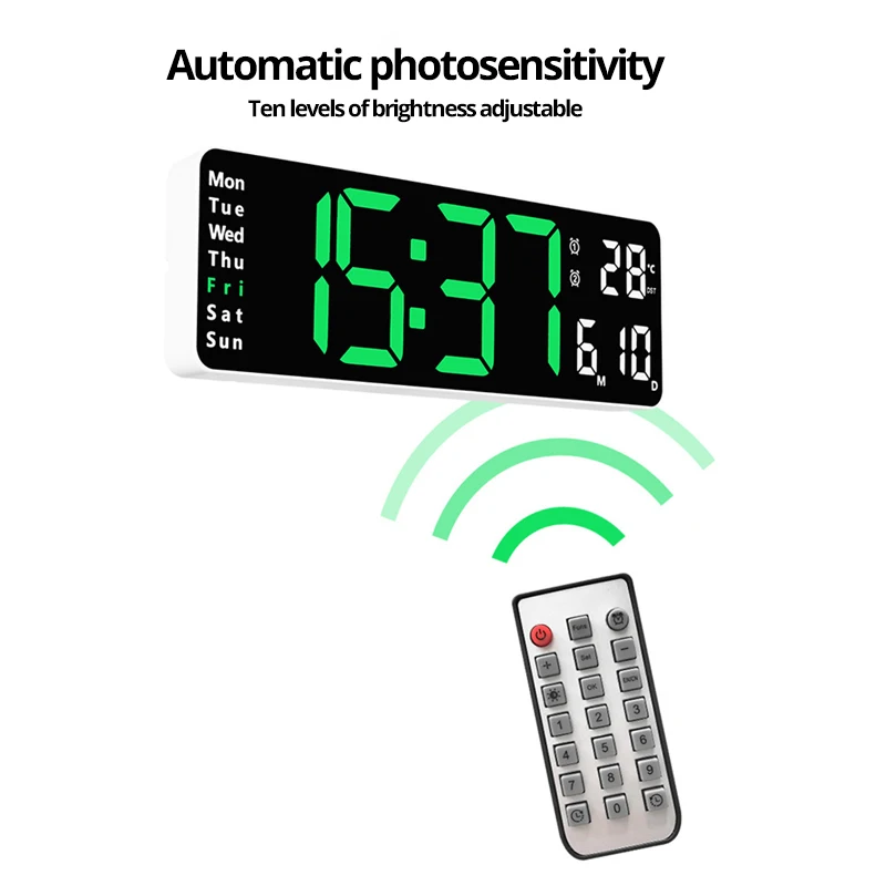 13/16 Inches Large LED Digital Wall Clock ,Wall Mounted Remote Control Temperature Date Week Display Timer Dual Alarm Clock