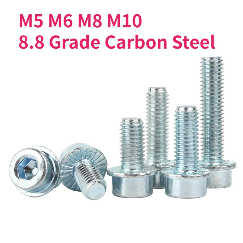 

M5 M6 M8 M10 8.8 Grade Carbon Steel Zinc Plated Flange Socket Head Hex Screws Round Hexagon Socket Flange Serrated Washer Bolts