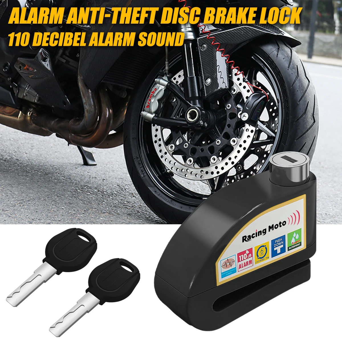 Motorcycle Alarm Lock Rechargeable Wheel Disc Brake with Key Motorcycle Bicycle Scooter Padlock Safety Anti-Theft Alarma 110dB