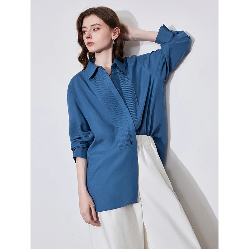 TOYOUH Women Blouse Shirt 2025 Spring New French Style Fold Turn Down Collar Medium Long Shirt Top Navy Blue