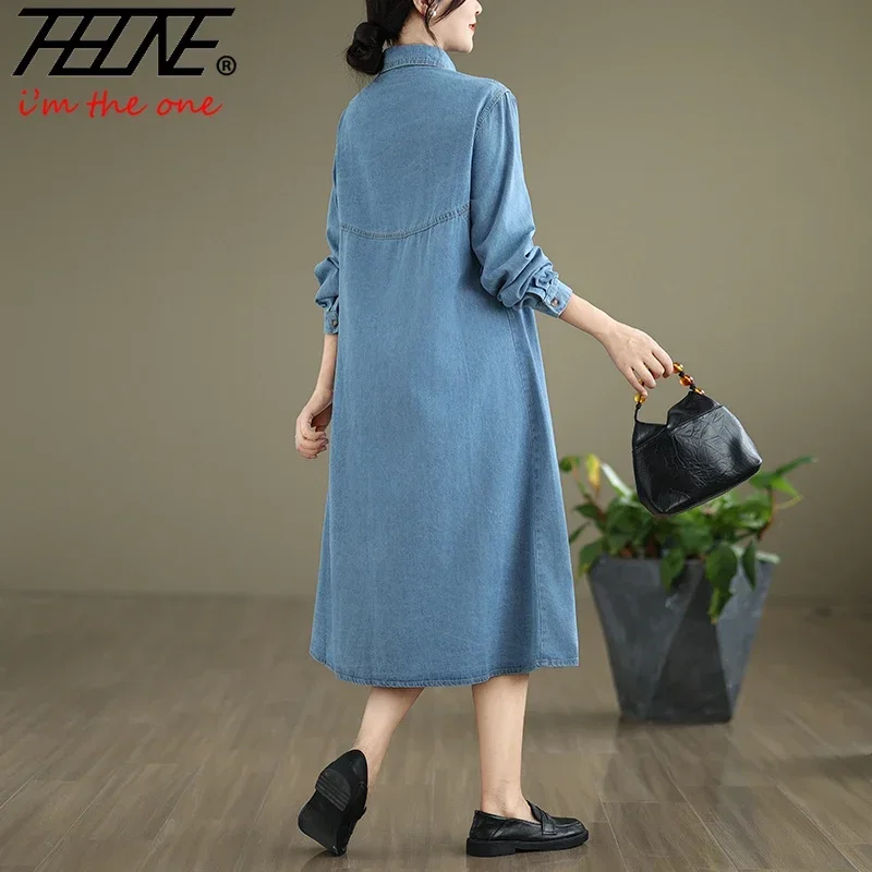 THHONE Denim Dress for Women Autumn Winter 2024 Long Sleeve Vintage Solid Loose Casual Elegant Style Turndown Collar Dresses