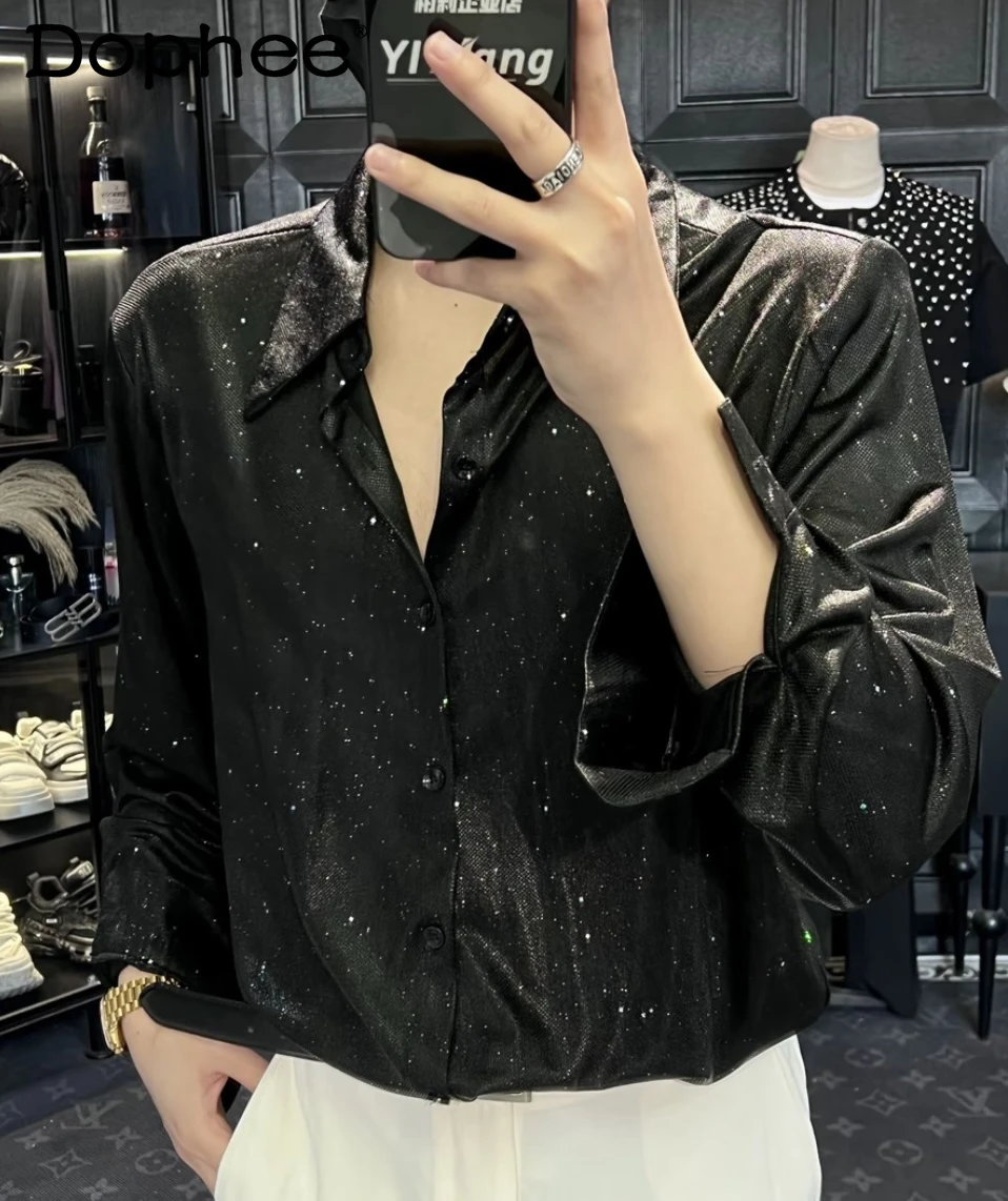 

2025 Summer New Design Starry Heavy Gold Stamping Long Sleeve Shirt for Men High-end Stylish Loose Casual Top